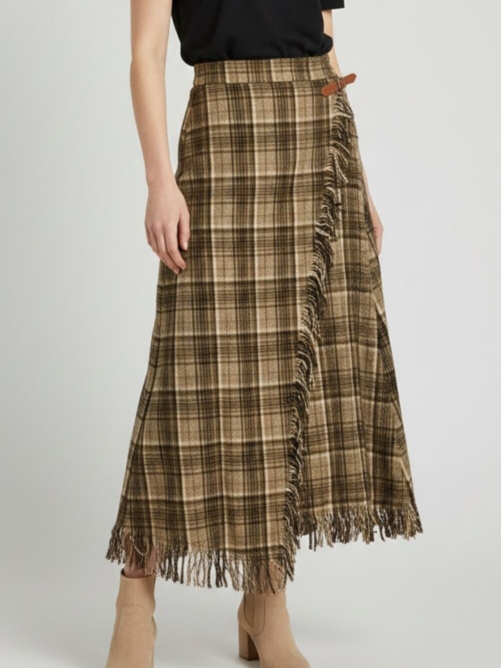 Modelle Vintage Inspired Plaid Wrap Skirt Fringe Hem Brown Tan Plaid Large